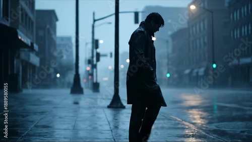 A lone figure walks down a rain-slicked city street at night. Streetlights cast a moody glow on the wet pavement.