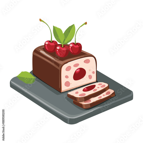 Mini chocolate loaf cake with cream filling and fresh cherry garnish on a dark stone board - Vector Illustration