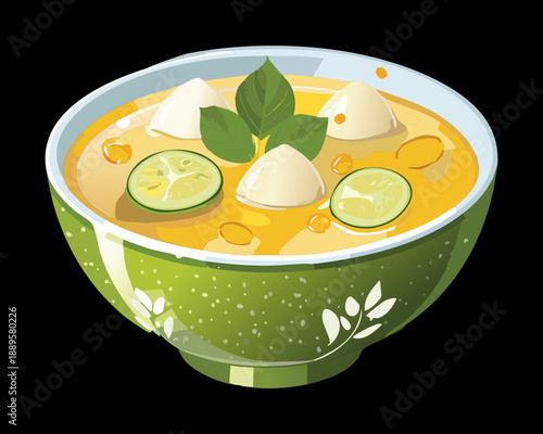 Creamy vegetable soup with cucumber slices and fresh basil served in a green ceramic bowl - Vector Illustration