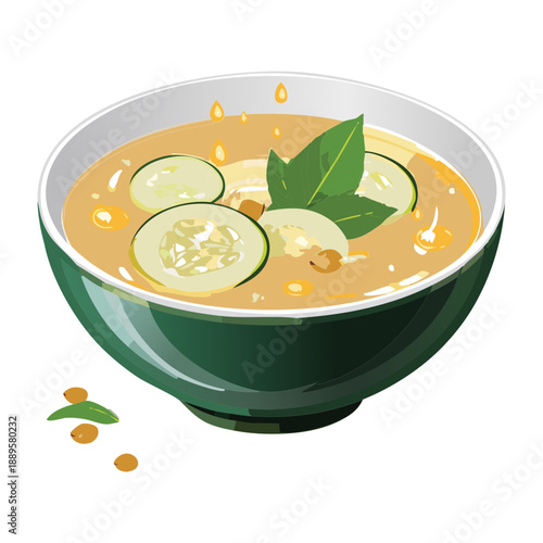 Fresh cucumber and herb soup served in a green bowl for a healthy and cooling meal - Vector Illustration