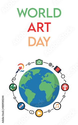 Vibrant World Art Day celebration with creative symbols around globe