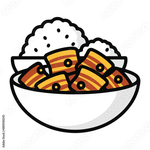 A bowl of rice and pieces of bacon