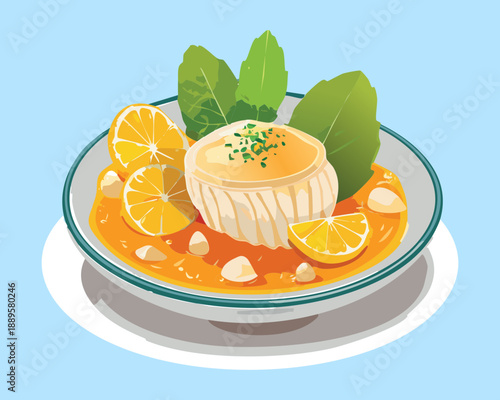 Poached fruit in orange sauce garnished with fresh mint and citrus slices for a light dessert - Vector Illustration