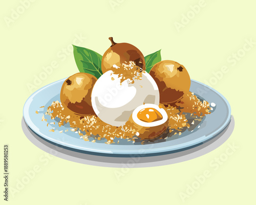 Gourmet dessert platter with roasted fruit white cream and crunchy nut toppings for a sweet treat - Vector Illustration