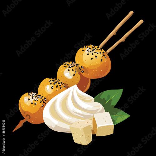 grilled meat skewers with sesame seeds and a side of creamy dip for party catering - Vector Illustration