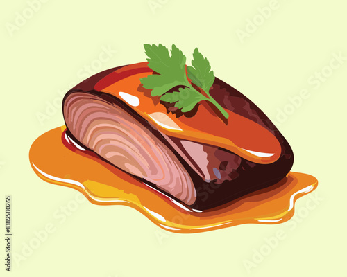Sliced roast beef with rich red wine sauce and fresh herb garnish for a fine dining - Vector Illustration