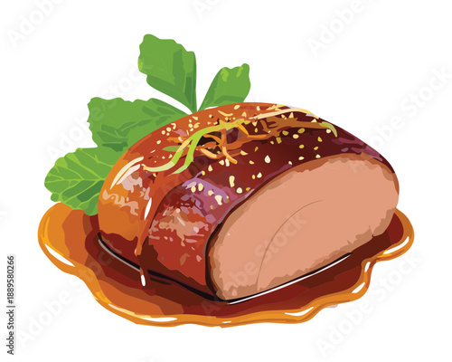 Glazed roasted meat fillet with fresh parsley garnish served with savory sauce on a white plate - Vector Illustration