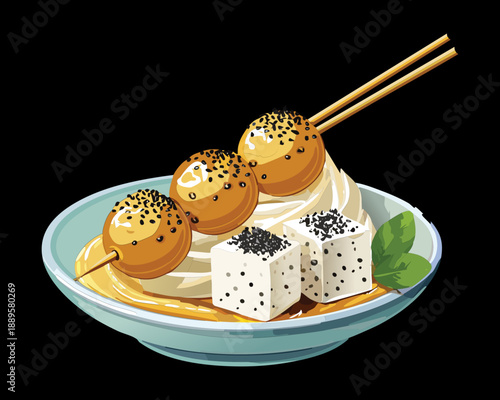 Grilled chicken and tofu skewers with sesame seeds served in a bowl for a healthy snack - Vector Illustration
