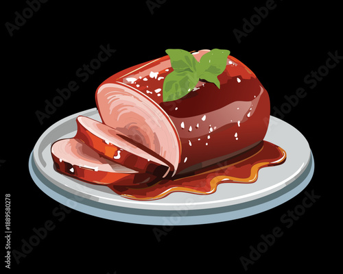 Sliced roast meat dish with rich brown gravy and fresh basil garnish for a gourmet dinner - Vector Illustration