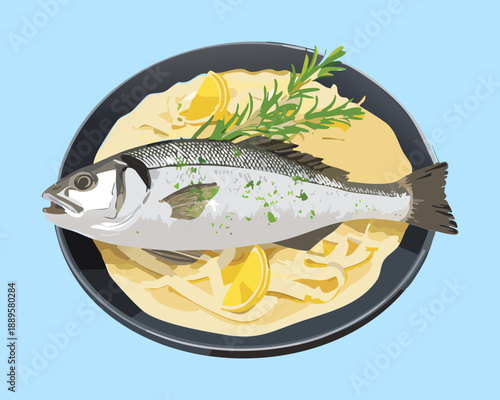 Steamed white fish fillet with lemon slices and rosemary served on a flat white ceramic plate - Vector Illustration