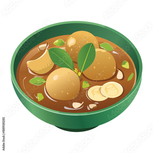 Savory potato ball soup served in a green ceramic bowl with fresh herbs and vegetable broth - Vector Illustration