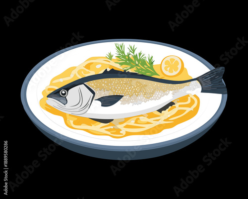 Poached white fish fillet served in a savory yellow broth with lemon and fresh green herbs - Vector Illustration