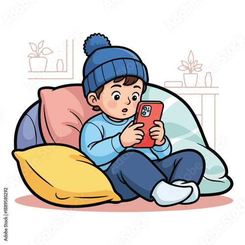 A boy in a blue hat and sweater sits on beanbags with a phone