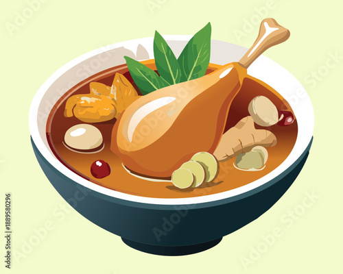 Hearty chicken soup bowl with drumstick vegetables and herbs for a comforting and warm healthy meal - Vector Illustration