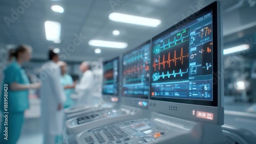 Wallpaper Mural Vital Signs: High-tech medical monitors illuminate a sterile operating room, displaying critical health data, while a dedicated medical team focuses on the care of their patient. Torontodigital.ca