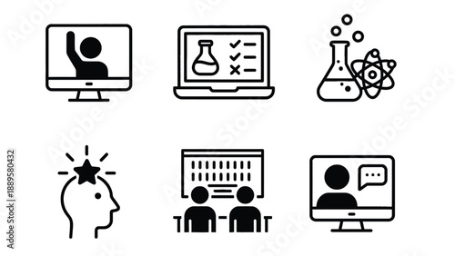 A collection of black and white icons representing online learning and education