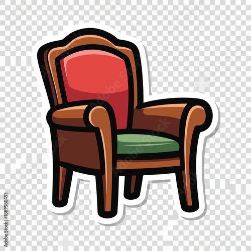 A brown armchair with green and reddish cushions