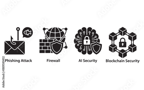 Cybersecurity icons for phishing, firewall, AI, and blockchain protection