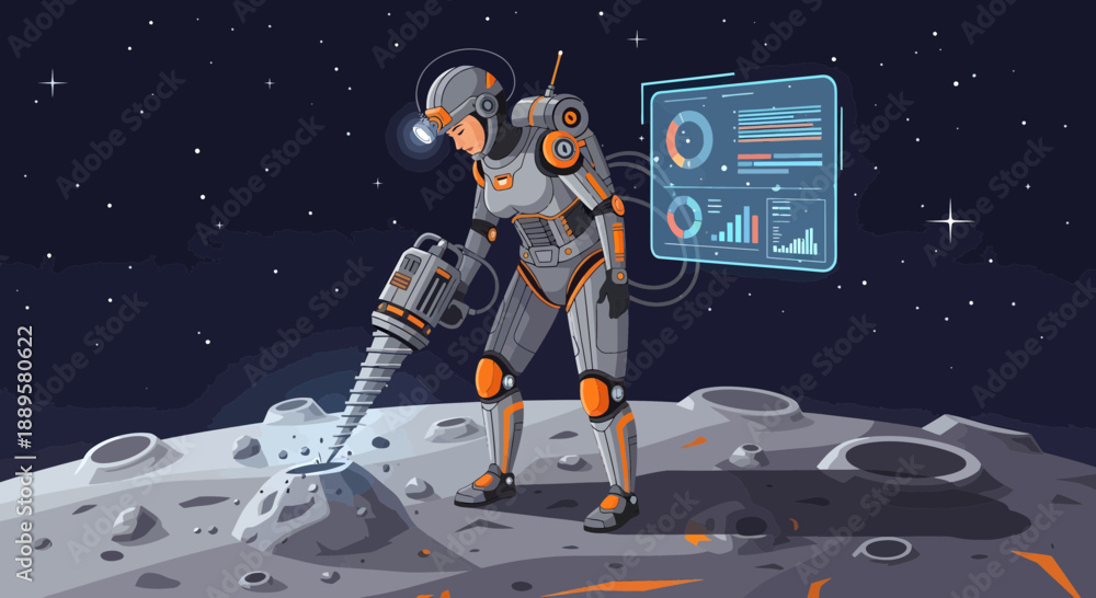 Fototapeta premium Astronaut drilling on the moon's with futuristic technology
