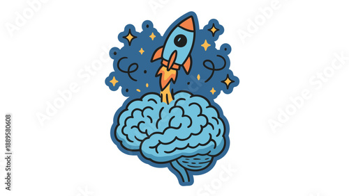 A cartoon rocket ship blasting off from a blue brain with stars and sparks