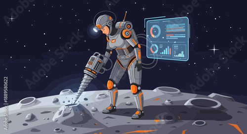 Astronaut drilling on the moon's with futuristic technology