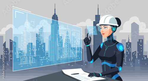 Robot engineer designing futuristic cityscape with blueprints