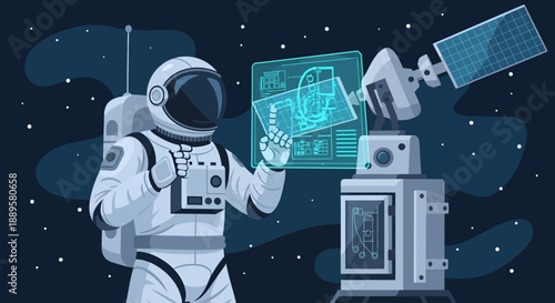 Astronaut in Space Suit Examining Satellite Technology
