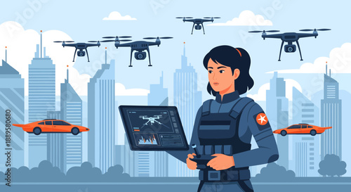 Woman Operating Drone Technology in Urban Setting