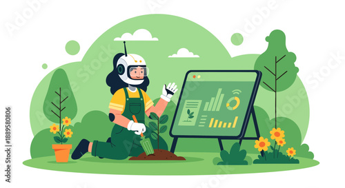 Young woman in garden with virtual reality headset and green board