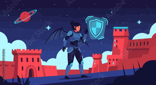 Futuristic Guardian Standing Before Medieval Castle Walls