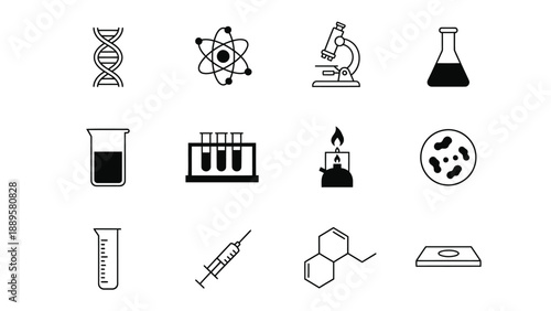 A collection of science and laboratory icons on a white background