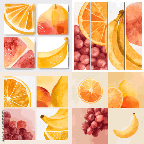 Bright illustration set of citrus fruits with slices and abstract panels. Fresh colorful fruit collection perfect for packaging nutrition design and summer branding.