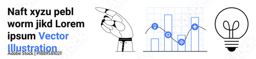 Innovation, technology, data analytics, robotics, problem-solving, creativity. A robotic hand pointing, a graph with icons and a light bulb symbol. Innovation and technology concept