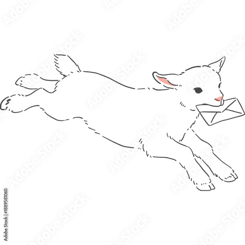 手紙をくわえた走る白い子ヤギの手書き風イラスト