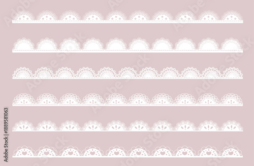 ピンク背景に並ぶレース装飾のリボン6本セット ガーリーでフェミニンなデザイン素材 ギフトや装飾に使えるイラストセット