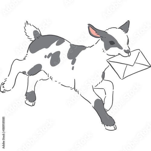 手紙をくわえた走るぶち模様の子ヤギの手書き風イラスト