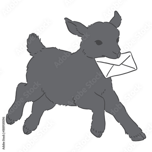 手紙をくわえた走る黒い子ヤギの手書き風イラスト