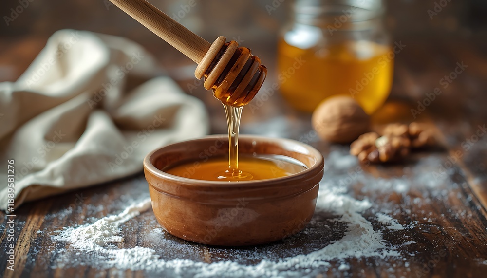 Fototapeta premium Macro Honey Drip on Flour Dusted Rustic Baking Table