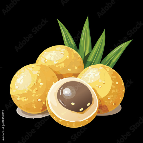  longan fruits and one peeled fruit showing its translucent flesh and dark black seed - Vector Illustration