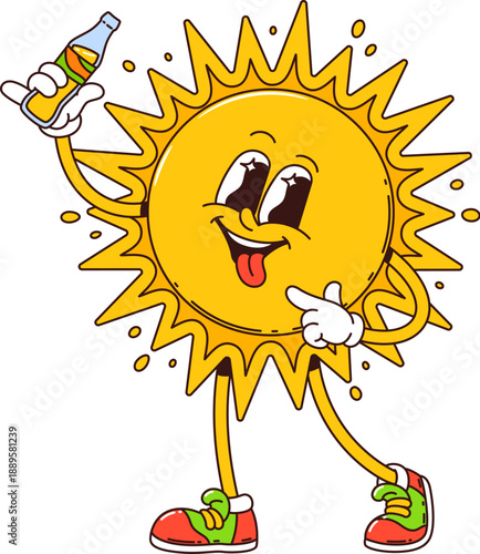 Cartoon groovy funny sun character with soda bottle and happy smile on face, vector personage. Groovy sun character with yummy tongue out and bottle of juice or lemonade and funky hipster shoes