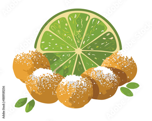Sliced lime rounds and powdered citrus balls arranged beautifully for a refreshing tropical snack or garnish - Vector Illustration