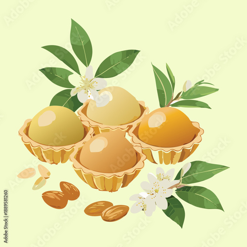 Assorted mini fruit tarts filled with custard and topped with golden berries and fragrant white flowers - Vector Illustration