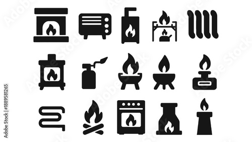 A collection of black icons depicting various fire and flame symbols
