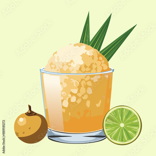 Frosted tropical fruit frappe in a tall glass served with fresh lime slices and aromatic pandan leaves - Vector Illustration