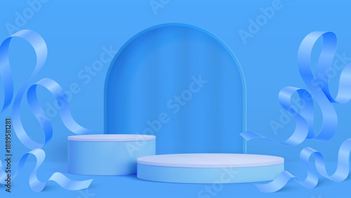 3D blue cosmetics product podium stage with pedestal and ribbons, vector display. Blue podium or pedestal stage with arch in wall background for luxury cosmetic or skincare products showcase