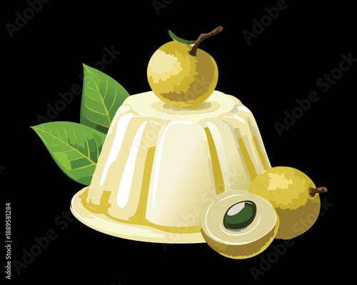 Whole longan fruit topping a creamy white custard pudding decorated with fresh green leaves and seeds - Vector Illustration