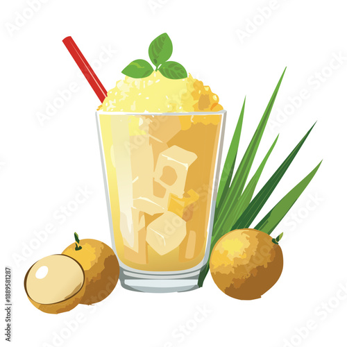 Chilled tropical fruit smoothie glass filled with ice cubes and garnished with longan and fresh mint - Vector Illustration