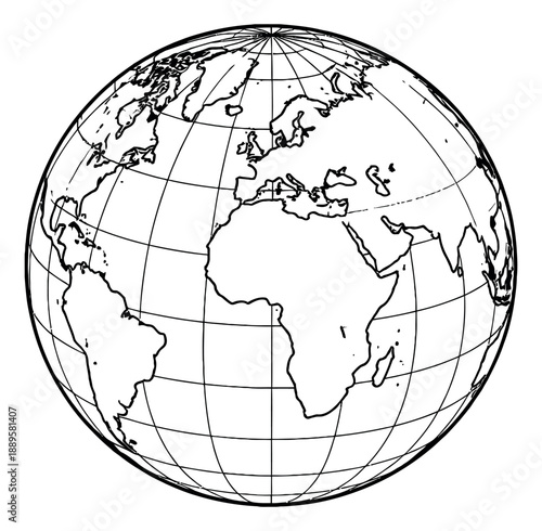 Line art illustration of planet Earth depicting a world map for global concepts
