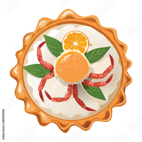 Orange and berry fruit tart served with green leaves on a golden crispy pastry crust - Vector Illustration