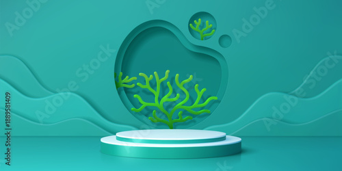 3d podium stage with sea green corals. Vector abstract underwater scene with coral shapes and layered paper cut waves. Realistic marine background in blue and green for product display or presentation